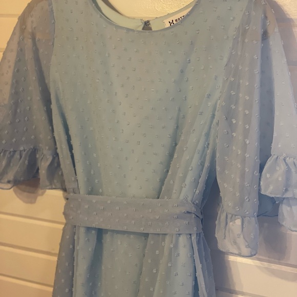 Women Dress Bell Short Sleeve Crew Neck Swiss Dot Chiffon A Line Belt Blue Med - Picture 3 of 7